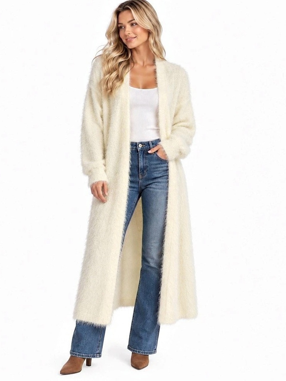 Express Fluffy Soft Knit w/ Angora Feel Long Ivory Cardigan Duster-Small